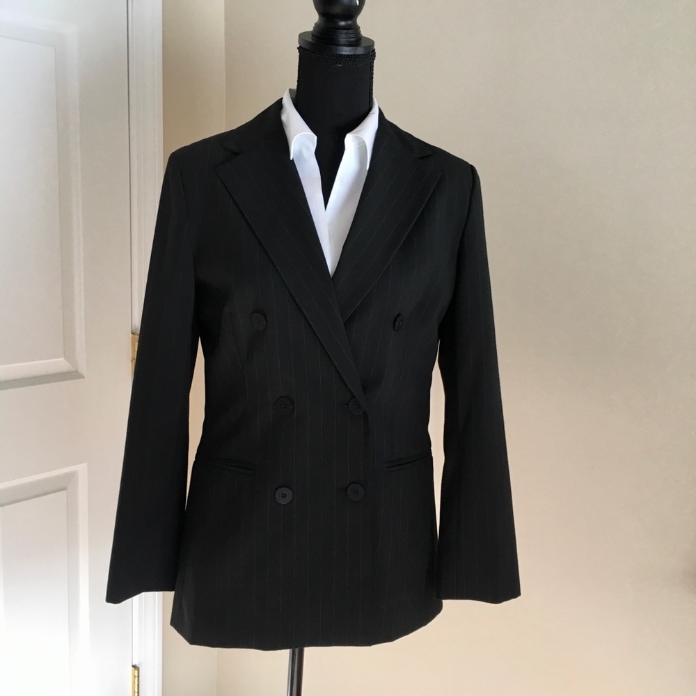 Black pinstripe double breasted suit jacket